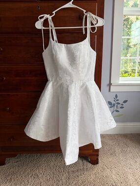 White Floral Jacquard Tie-Shoulder Dress